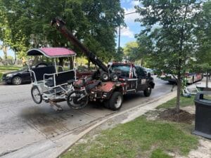 Recovered pedicab loaded after water recovery at Diversey Harbor in Lincoln Park Chicago