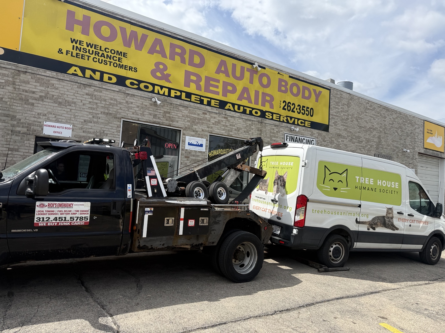 Work van towed for battery replacement and alternator repair on Howard Street in West Ridge Chicago