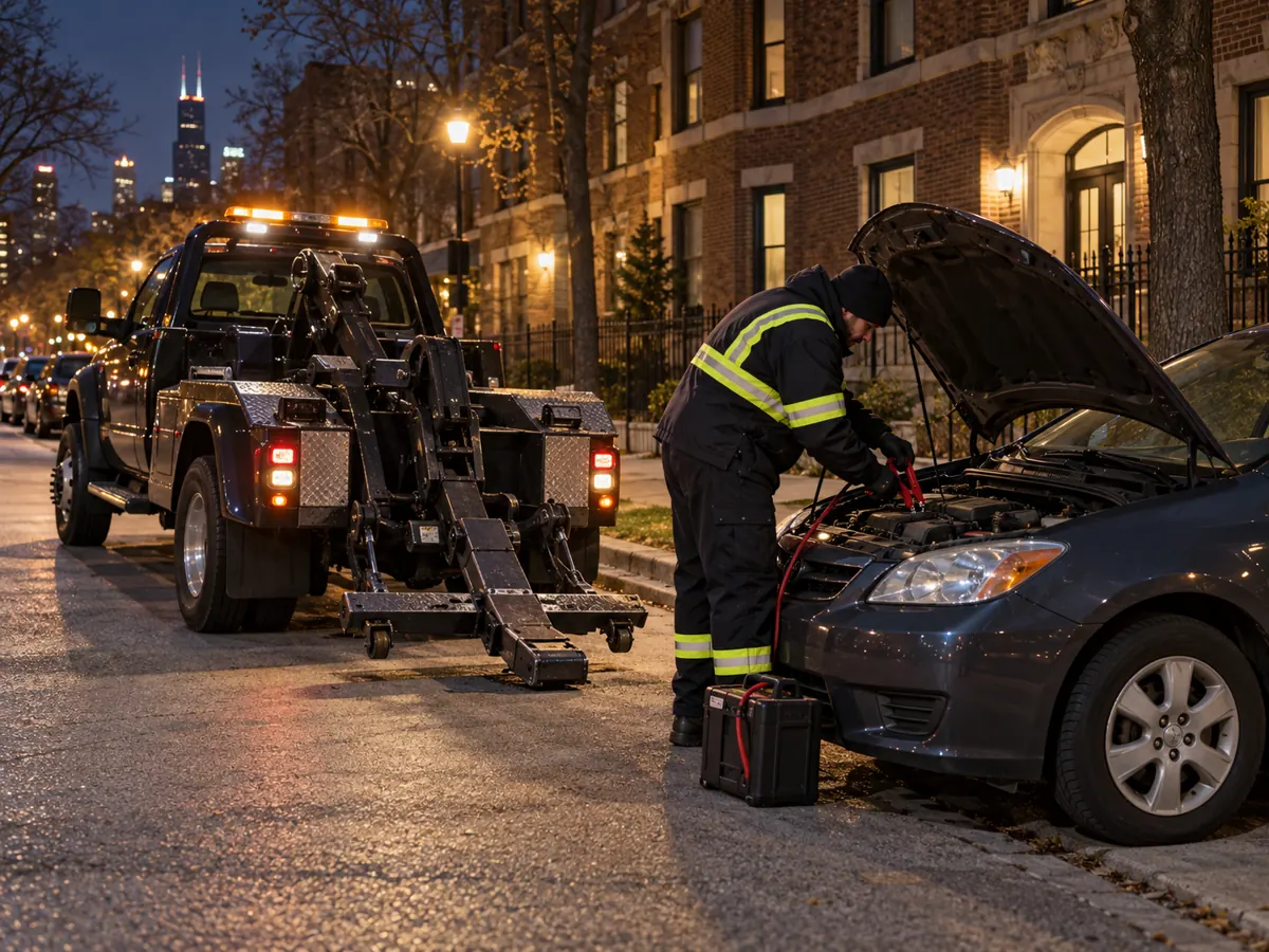 Illustration of a technician jump starting a car beside a wheel-lift truck on a Chicago street