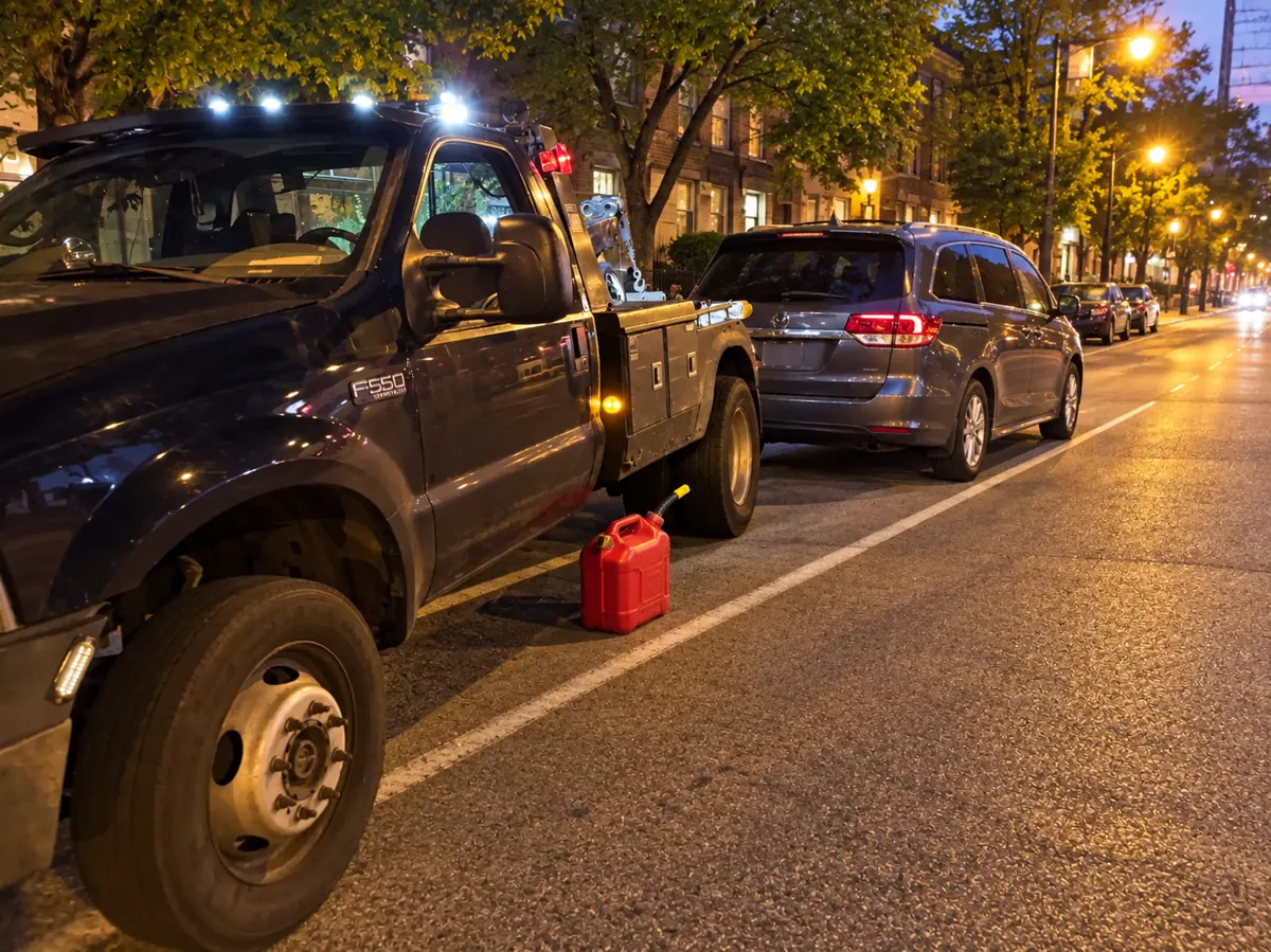 Illustration of a wheel-lift truck with a portable fuel container in Chicago